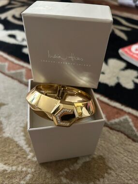 NIB India Hicks Casino Cuff Gold Geometric Bracelet with Crystal 'C' Accent